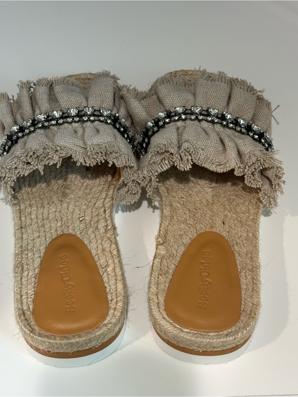 New See by Chloe Women's Beige Fringed Espadrille Slide with Crystal Accent - Picture 2 of 5